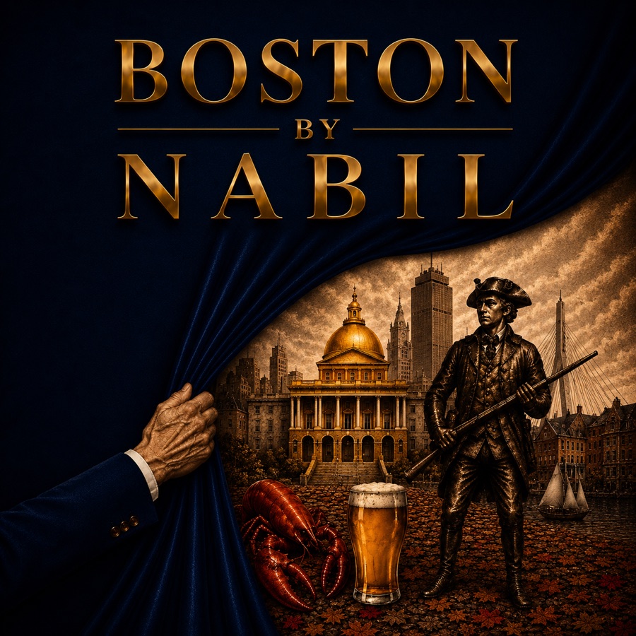 Boston By Nabil illustrated brand artwork: a curtain drawn back to reveal the Massachusetts State House, Zakim Bridge, lobster, and a Revolutionary War soldier