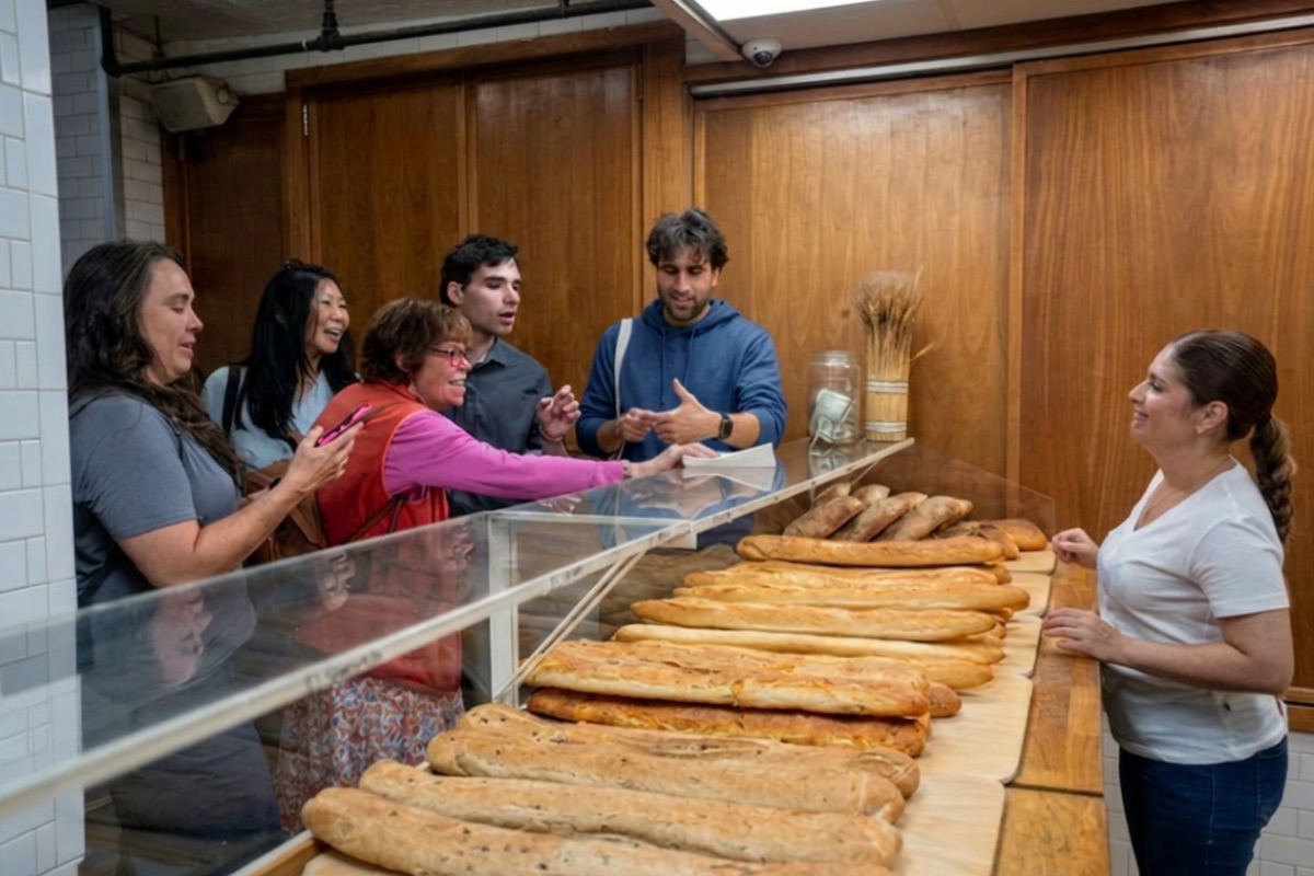 Guests tasting fresh bread at a North End Italian bakery on the North End Food Tour